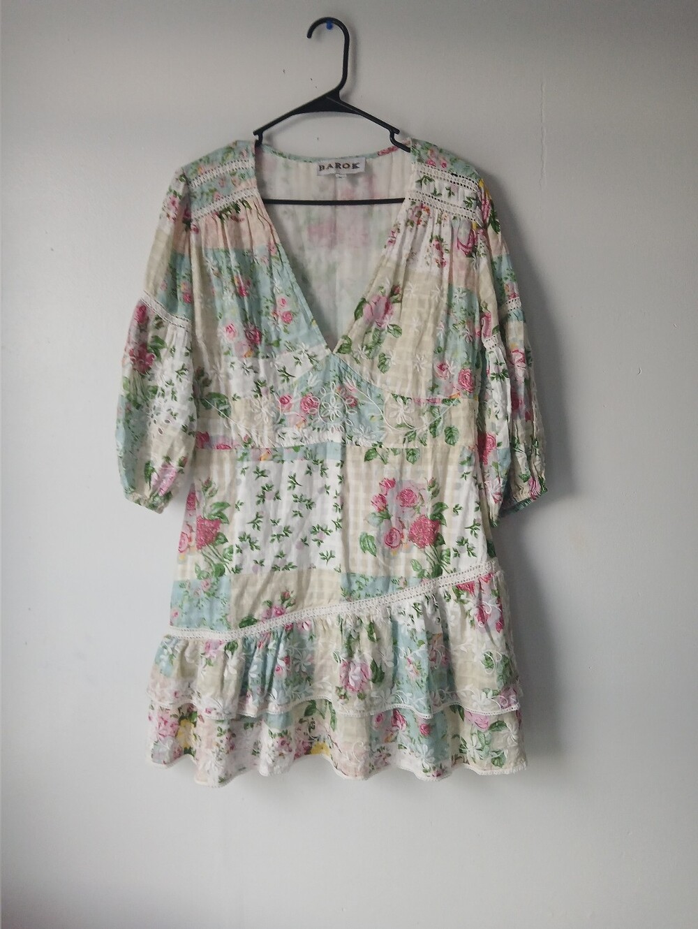 PAROK Pastel Floral Patchwork Midi Dress in Cream and Pink